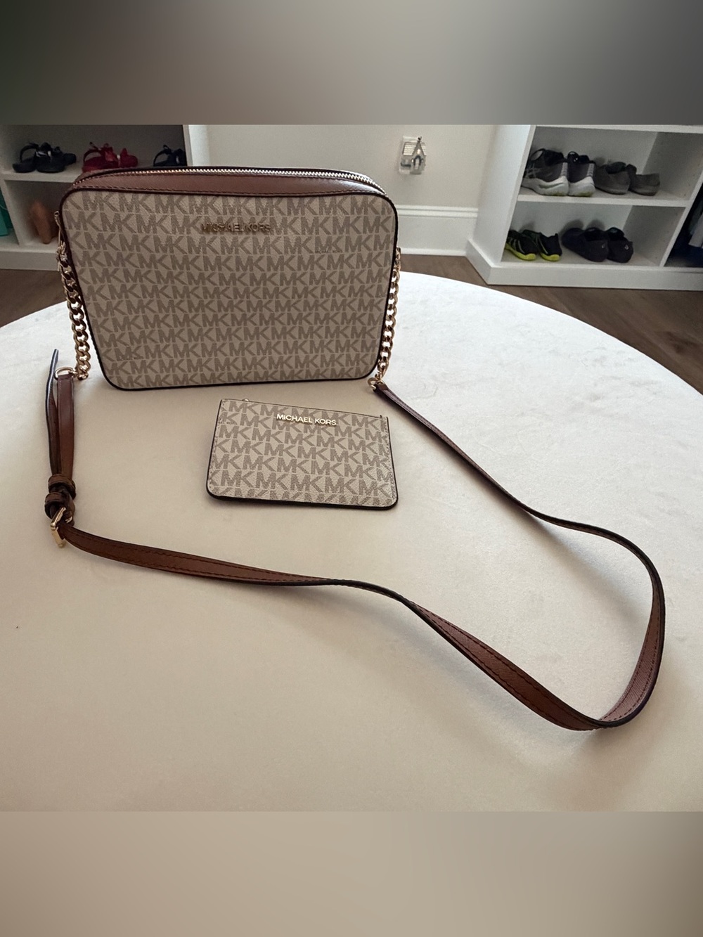 Michael Kors Beige/Tan Signature MK Crossbody with Card Case